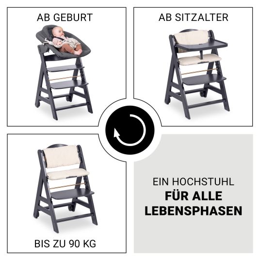 Hauck Beta Plus Dark Grey 5-piece Newborn Set - Highchair + 2in1 newborn attachment & Premium bouncer, feeding board, seat cushion - Dark Grey