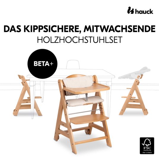 Hauck Beta Plus Natural 5-tlg. Newborn-Set - Hochstuhl + 2in1 Neugeborenen-Aufsatz & Wippe + Essbrett + Sitzpolster - Stretch Beige