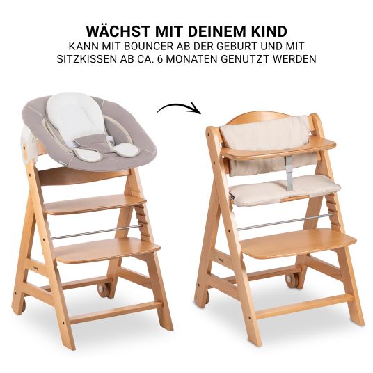 Hauck Beta Plus Natural 5-piece newborn set - high chair + 2in1 newborn attachment & bouncer + feeding board + seat cushion - Stretch Beige