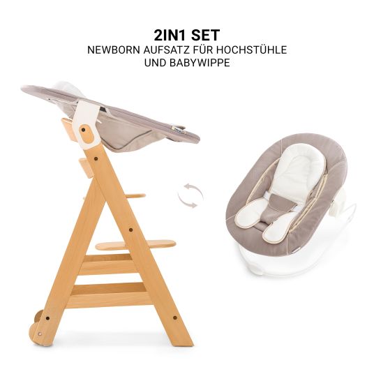 Hauck Beta Plus Natural 5-tlg. Newborn-Set - Hochstuhl + 2in1 Neugeborenen-Aufsatz & Wippe + Essbrett + Sitzpolster - Stretch Beige