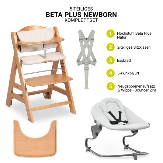 Hauck Beta Plus Natural 5-tlg. Newborn Set - Hochstuhl + 2in1 Neugeborenen-Aufsatz & Wippe + Essbrett + Sitzkissen