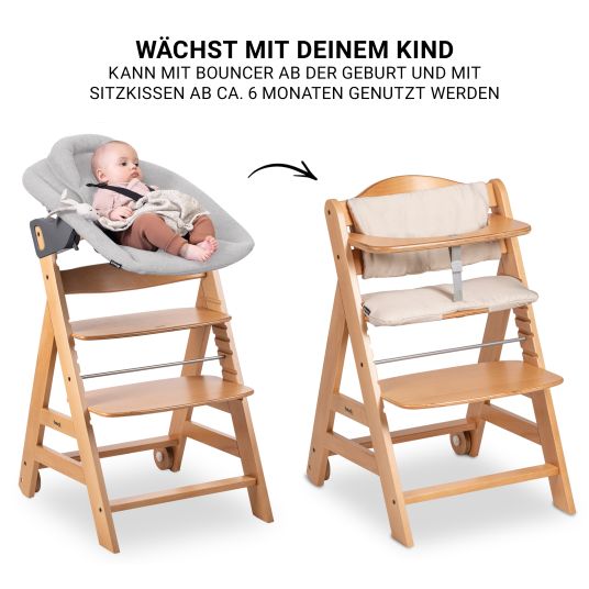 Hauck Beta Plus Natural 5-tlg. Newborn Set - Hochstuhl + 2in1 Neugeborenen-Aufsatz & Wippe + Essbrett + Sitzkissen