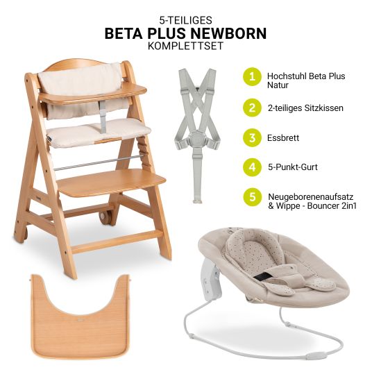 Hauck Beta Plus Natural 5-tlg. Newborn Set - Hochstuhl + 2in1 Neugeborenen-Aufsatz & Wippe + Essbrett + Sitzkissen - Disney Winnie the Pooh - Beige