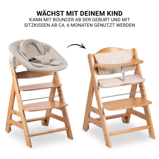 Hauck Beta Plus Natural 5-tlg. Newborn Set - Hochstuhl + 2in1 Neugeborenen-Aufsatz & Wippe + Essbrett + Sitzkissen - Disney Winnie the Pooh - Beige