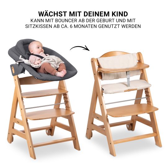 Hauck Beta Plus Natural 5-piece Newborn Set - Highchair + 2in1 newborn attachment & Premium bouncer, feeding board, seat cushion - Dark Grey