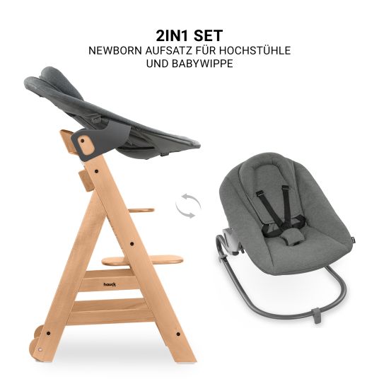 Hauck Beta Plus Natural 5-tlg. Newborn Set - Hochstuhl + 2in1 Neugeborenen-Aufsatz & Wippe Premium, Essbrett, Sitzkissen - Dark Grey