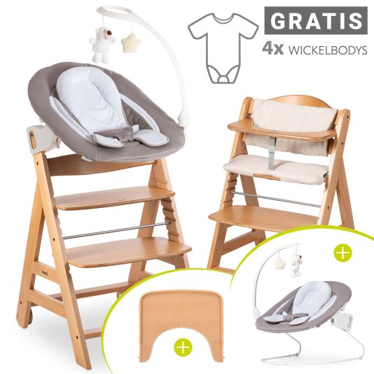 Hauck Beta Plus Natural 9-piece newborn set - highchair + 2in1 newborn attachment & bouncer deluxe + feeding board + seat pad + FREE long-sleeved bodysuit 4-pack - sand