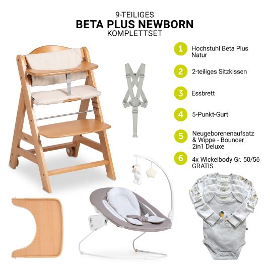 Hauck Beta Plus Natural 9-tlg. Newborn Set - Hochstuhl + 2in1 Neugeborenen-Aufsatz & Wippe Deluxe + Essbrett + Sitzpolster + GRATIS Langarmbody 4er Pack - Sand