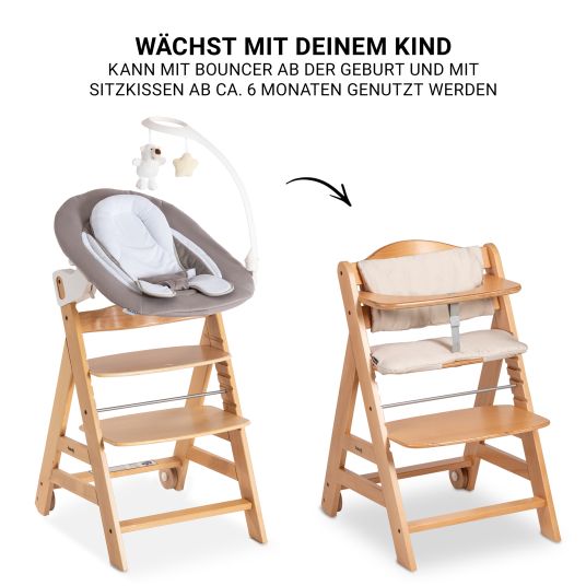 Hauck Beta Plus Natural 9-tlg. Newborn Set - Hochstuhl + 2in1 Neugeborenen-Aufsatz & Wippe Deluxe + Essbrett + Sitzpolster + GRATIS Langarmbody 4er Pack - Sand