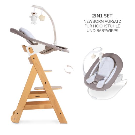 Hauck Beta Plus Natural 9-tlg. Newborn Set - Hochstuhl + 2in1 Neugeborenen-Aufsatz & Wippe Deluxe + Essbrett + Sitzpolster + GRATIS Langarmbody 4er Pack - Sand