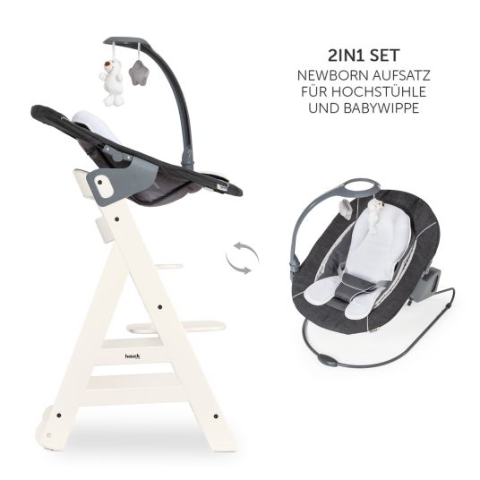 Hauck Beta Plus White 5-piece newborn set - high chair + 2in1 newborn attachment & bouncer deluxe, feeding board, seat cushion - Melange Grey