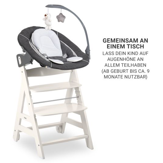 Hauck Beta Plus White 5-piece newborn set - high chair + 2in1 newborn attachment & bouncer deluxe, feeding board, seat cushion - Melange Grey