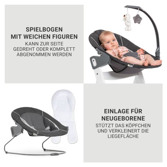 Hauck Beta Plus White 5-tlg. Newborn Set - Hochstuhl + 2in1 Neugeborenen-Aufsatz & Wippe Deluxe, Essbrett, Sitzkissen - Melange Grey