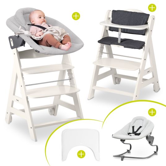 Hauck Beta Plus White 5-tlg. Newborn Set - Hochstuhl + 2in1 Neugeborenen-Aufsatz & Wippe + Essbrett + Sitzkissen