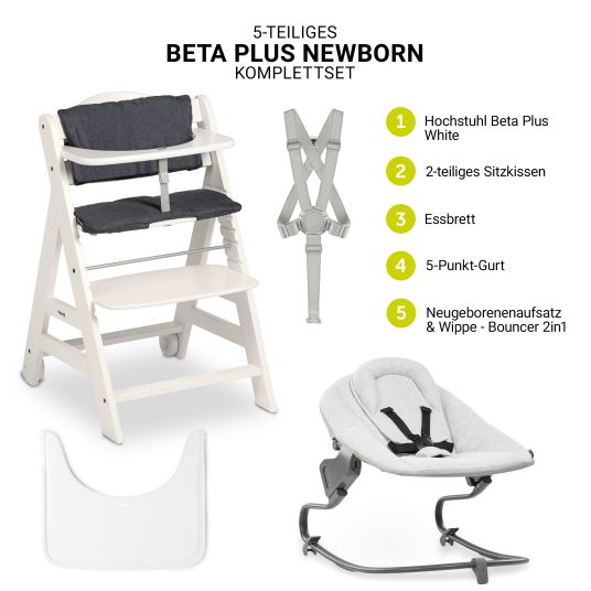 Hauck Beta Plus White 5-tlg. Newborn Set - Hochstuhl + 2in1 Neugeborenen-Aufsatz & Wippe + Essbrett + Sitzkissen