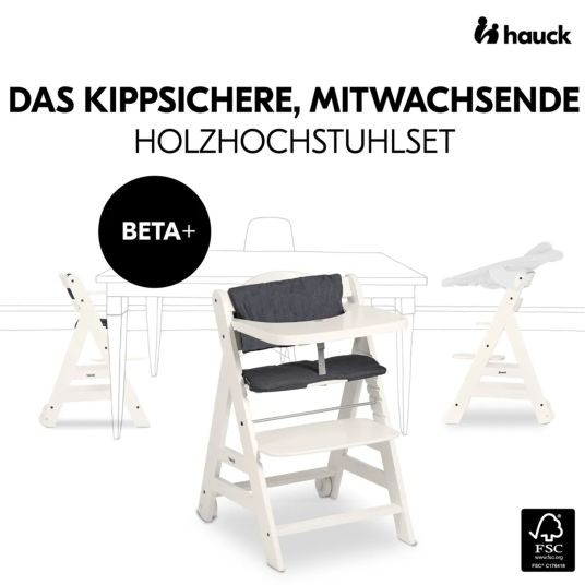 Hauck Beta Plus White 5-tlg. Newborn Set - Hochstuhl + 2in1 Neugeborenen-Aufsatz & Wippe + Essbrett + Sitzkissen