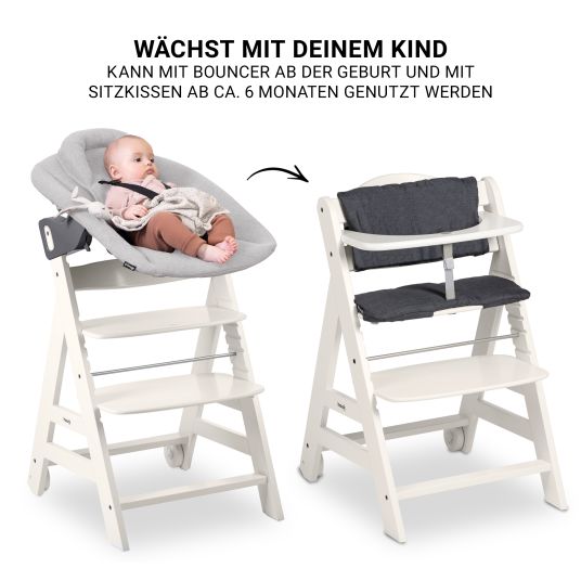 Hauck Beta Plus White 5-tlg. Newborn Set - Hochstuhl + 2in1 Neugeborenen-Aufsatz & Wippe + Essbrett + Sitzkissen