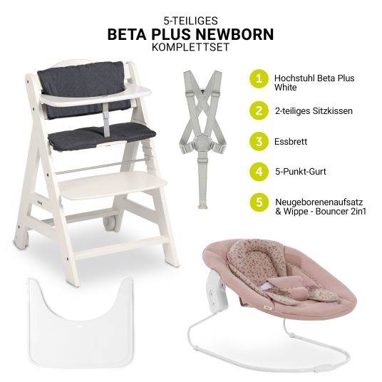 Hauck Beta Plus White 5-tlg. Newborn Set - Hochstuhl + 2in1 Neugeborenen-Aufsatz & Wippe + Essbrett + Sitzkissen - Disney - Bambi Rose