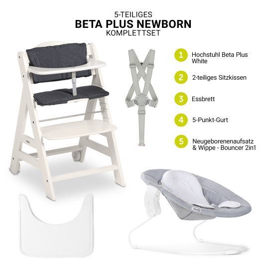 Hauck Beta Plus White 5-tlg. Newborn Set - Hochstuhl + 2in1 Neugeborenen-Aufsatz & Wippe, Essbrett, Sitzkissen - Stretch Grey