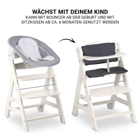 Hauck Beta Plus White 5-tlg. Newborn Set - Hochstuhl + 2in1 Neugeborenen-Aufsatz & Wippe, Essbrett, Sitzkissen - Stretch Grey