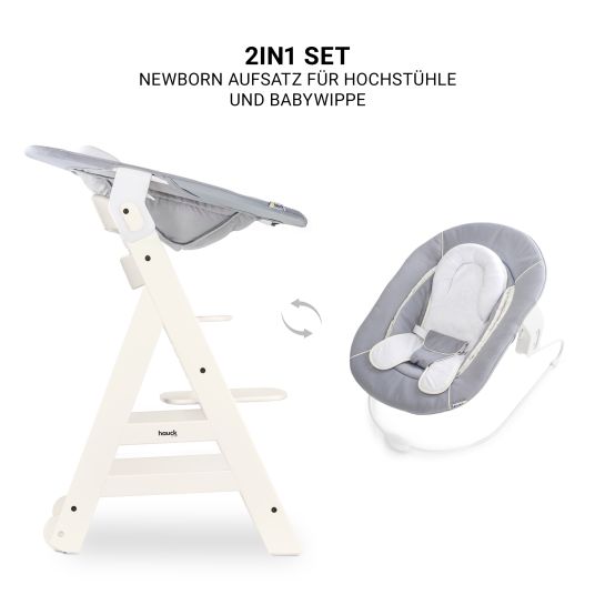 Hauck Beta Plus White 5-piece newborn set - high chair + 2in1 newborn attachment & bouncer, feeding board, seat cushion - Stretch Grey