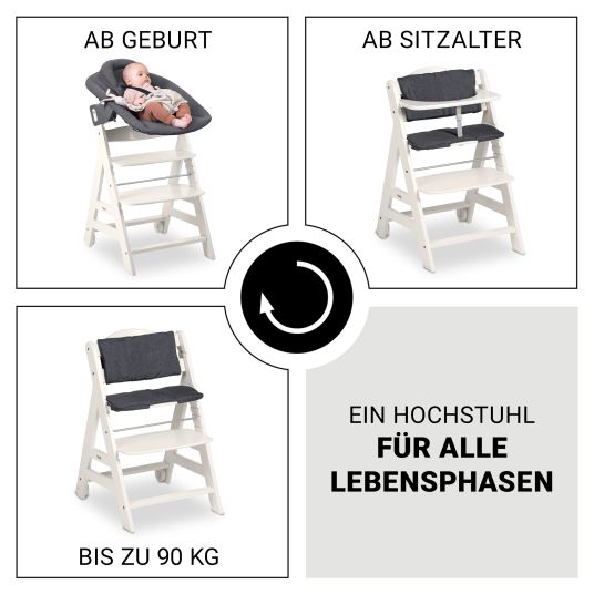 Hauck Beta Plus White 5-piece newborn set - high chair + 2in1 newborn attachment & Premium bouncer, feeding board, seat cushion - Dark Grey