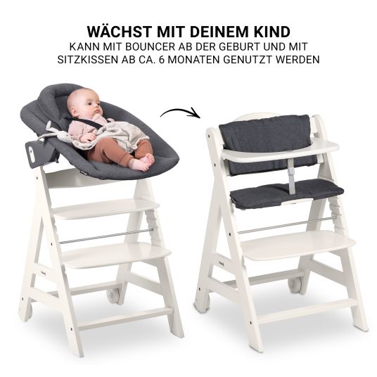 Hauck Beta Plus White 5-tlg. Newborn Set - Hochstuhl + 2in1 Neugeborenen-Aufsatz & Wippe Premium, Essbrett, Sitzkissen - Dark Grey