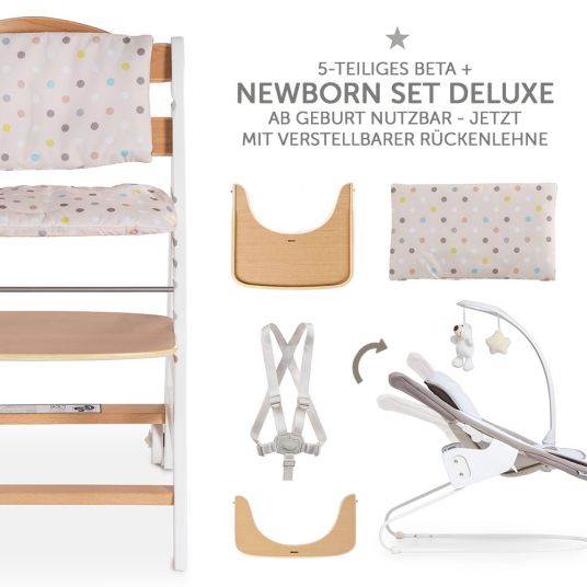Hauck Set neonato Beta Plus White Natur Deluxe - seggiolone 5 pezzi + inserto neonato 2in1 + tavola per allattamento + cuscino per seduta