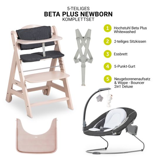 Hauck Beta Plus Whitewashed 5-piece Newborn Set - Highchair + 2in1 Newborn Attachment & Rocker Deluxe, Eating Board, Seat Cushion - Melange Grey