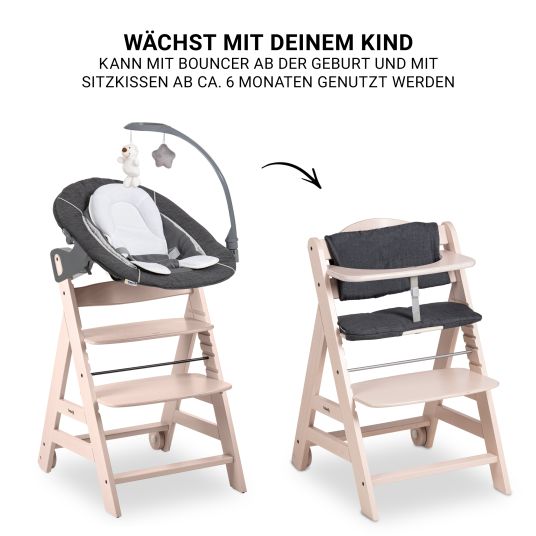 Hauck Beta Plus Whitewashed 5-piece Newborn Set - Highchair + 2in1 Newborn Attachment & Rocker Deluxe, Eating Board, Seat Cushion - Melange Grey