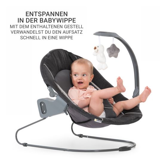 Hauck Beta Plus Whitewashed 5-tlg. Newborn Set - Hochstuhl + 2in1 Neugeborenen-Aufsatz & Wippe Deluxe, Essbrett, Sitzkissen - Melange Grey