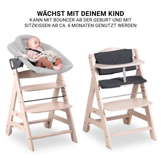 Hauck Beta Plus Whitewashed 5-tlg. Newborn Set - Hochstuhl + 2in1 Neugeborenen-Aufsatz & Wippe + Essbrett + Sitzkissen