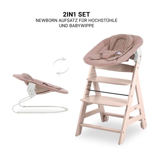 Hauck Beta Plus Whitewashed 5-tlg. Newborn Set - Hochstuhl + 2in1 Neugeborenen-Aufsatz & Wippe + Essbrett + Sitzkissen - Disney - Bambi Rose