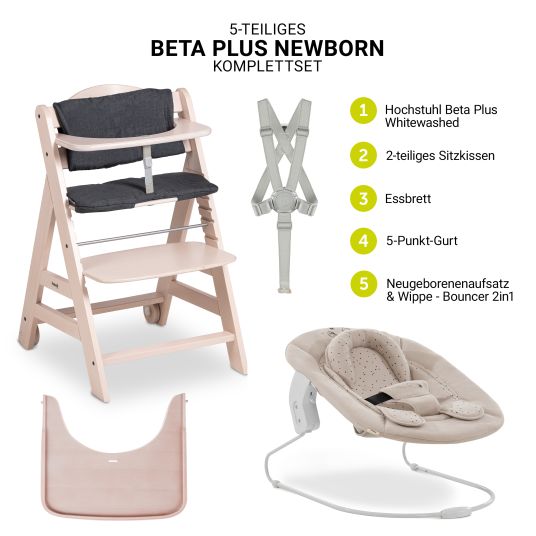 Hauck Set neonato 5 pezzi Beta Plus Whitewashed - Seggiolone + seggiolino e sdraietta 2in1 per neonati + asse per mangiare + cuscino per sedersi - Disney Winnie the Pooh - Beige