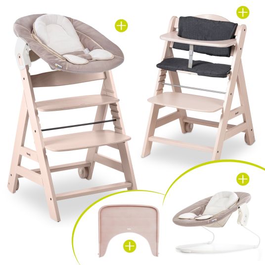 Hauck Beta Plus Whitewashed 5-piece Newborn Set - Highchair + 2in1 Newborn Attachment & Rocker, Eating Board, Seat Cushion - Stretch Beige
