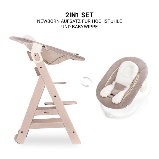 Hauck Beta Plus Whitewashed 5-tlg. Newborn Set - Hochstuhl + 2in1 Neugeborenen-Aufsatz & Wippe, Essbrett, Sitzkissen - Stretch Beige