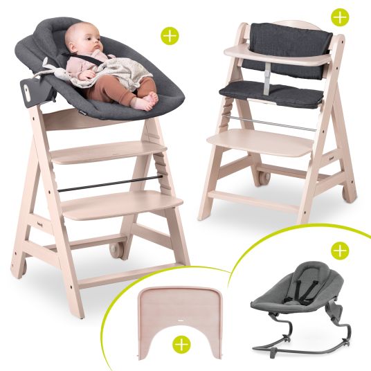 Hauck Beta Plus Whitewashed 5-piece Newborn Set - Highchair + 2in1 Newborn Attachment & Premium Rocker, Eating Board, Seat Cushion - Dark Grey