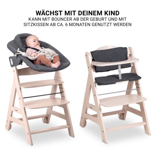 Hauck Beta Plus Whitewashed 5-tlg. Newborn Set - Hochstuhl + 2in1 Neugeborenen-Aufsatz & Wippe Premium, Essbrett, Sitzkissen - Dark Grey