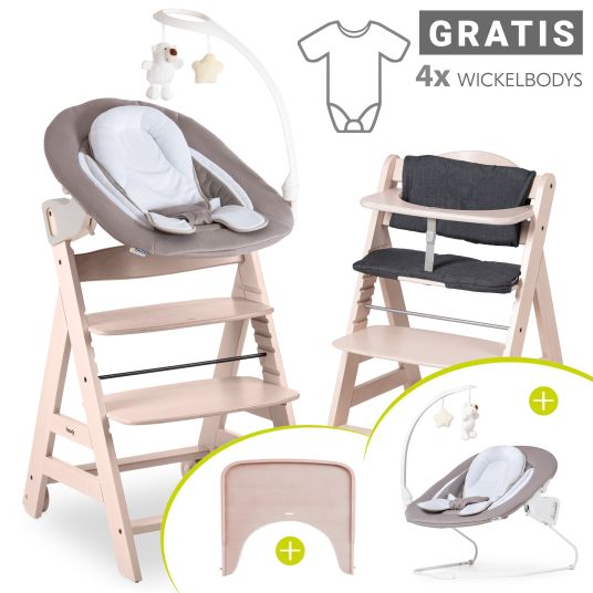 Hauck Beta Plus Whitewashed 9-tlg. Newborn Set - Hochstuhl + 2in1 Neugeborenen-Aufsatz & Wippe Deluxe + Essbrett + Sitzpolster + GRATIS Langarmbody 4er Pack - Sand