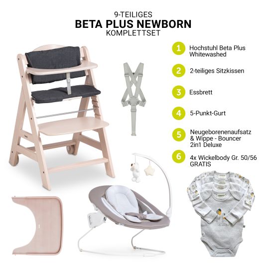 Hauck Beta Plus Whitewashed 9-tlg. Newborn Set - Hochstuhl + 2in1 Neugeborenen-Aufsatz & Wippe Deluxe + Essbrett + Sitzpolster + GRATIS Langarmbody 4er Pack - Sand