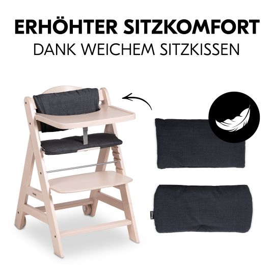 Hauck Beta Plus Whitewashed 9-tlg. Newborn Set - Hochstuhl + 2in1 Neugeborenen-Aufsatz & Wippe Deluxe + Essbrett + Sitzpolster + GRATIS Langarmbody 4er Pack - Sand