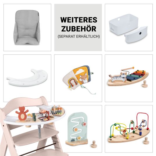 Hauck Beta Plus Whitewashed 9-tlg. Newborn Set - Hochstuhl + 2in1 Neugeborenen-Aufsatz & Wippe Deluxe + Essbrett + Sitzpolster + GRATIS Langarmbody 4er Pack - Sand