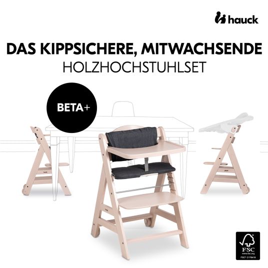 Hauck Beta Plus Whitewashed 9-tlg. Newborn Set - Hochstuhl + 2in1 Neugeborenen-Aufsatz & Wippe Deluxe + Essbrett + Sitzpolster + GRATIS Langarmbody 4er Pack - Sand