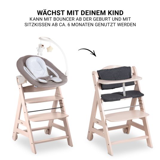 Hauck Beta Plus Whitewashed 9-tlg. Newborn Set - Hochstuhl + 2in1 Neugeborenen-Aufsatz & Wippe Deluxe + Essbrett + Sitzpolster + GRATIS Langarmbody 4er Pack - Sand