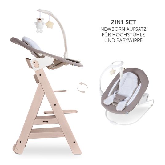 Hauck Beta Plus Whitewashed 9-tlg. Newborn Set - Hochstuhl + 2in1 Neugeborenen-Aufsatz & Wippe Deluxe + Essbrett + Sitzpolster + GRATIS Langarmbody 4er Pack - Sand