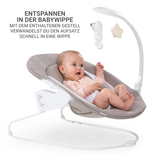 Hauck Beta Plus Whitewashed 9-tlg. Newborn Set - Hochstuhl + 2in1 Neugeborenen-Aufsatz & Wippe Deluxe + Essbrett + Sitzpolster + GRATIS Langarmbody 4er Pack - Sand