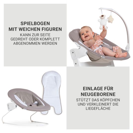 Hauck Beta Plus Whitewashed 9-tlg. Newborn Set - Hochstuhl + 2in1 Neugeborenen-Aufsatz & Wippe Deluxe + Essbrett + Sitzpolster + GRATIS Langarmbody 4er Pack - Sand