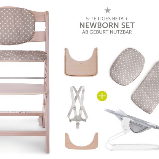 Hauck Beta Plus Whitewashed Newborn Set - 5-tlg. Hochstuhl + Neugeboreneneinsatz & Wippe Stretch Grey + Essbrett + Sitzpolster