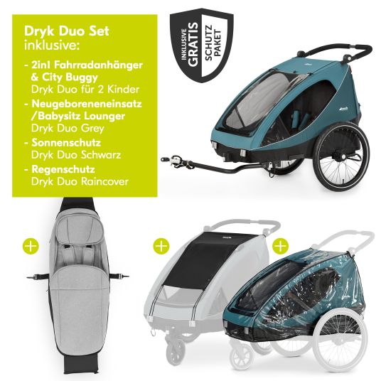 Hauck Fahrradanhänger Sparset Dryk Duo für 2 Kinder (bis 44 kg) - Bike Trailer & City Buggy - inkl. Babysitz Lounger & Schutzpaket - Petrol