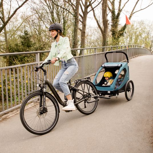 Hauck Fahrradanhänger Sparset Dryk Duo für 2 Kinder (bis 44 kg) - Bike Trailer & City Buggy - inkl. Babysitz Lounger & Schutzpaket - Petrol